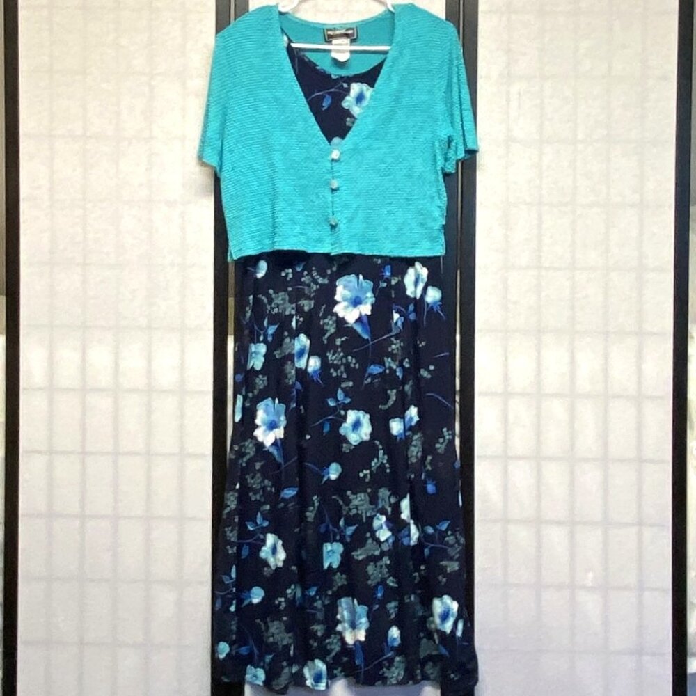 Vintage 2pc Set Molly Malloy 12 Floral Tank Maxi Dress Crop Textured Jacket Blue
